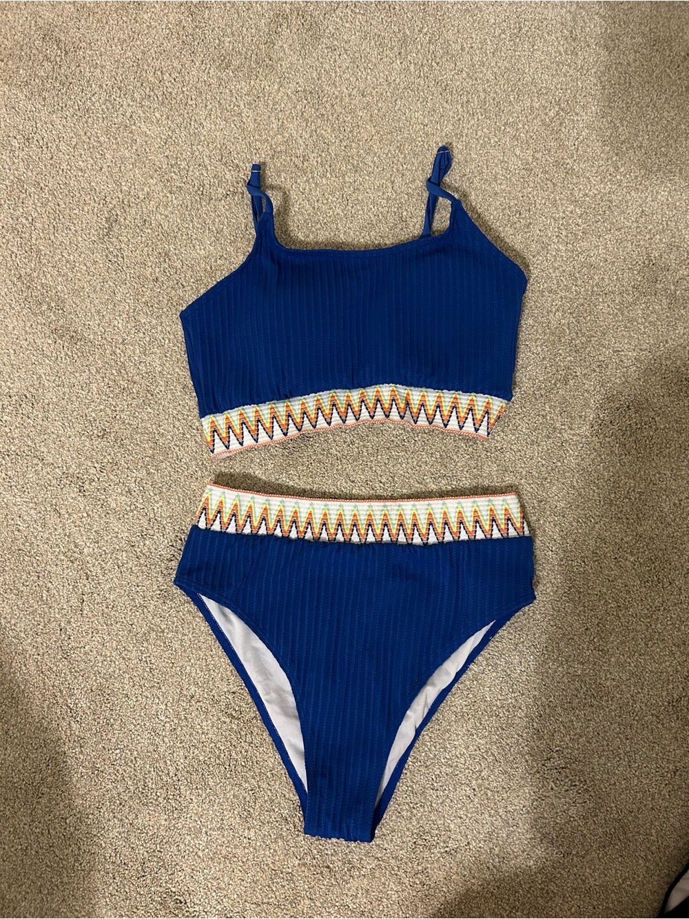 Blue Two-Piece Bikini Set with Chevron Trim